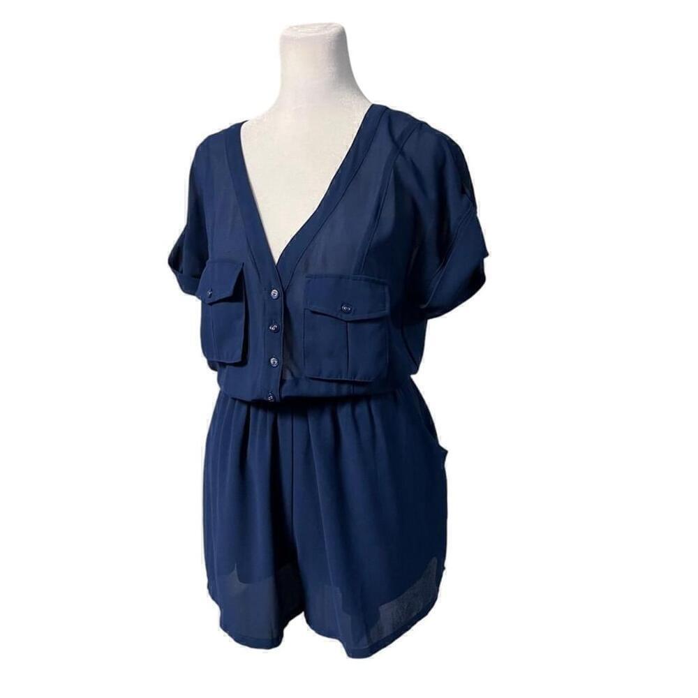 Akira Chicago Black Label Navy Belted Short Sleeve Romper Size Small